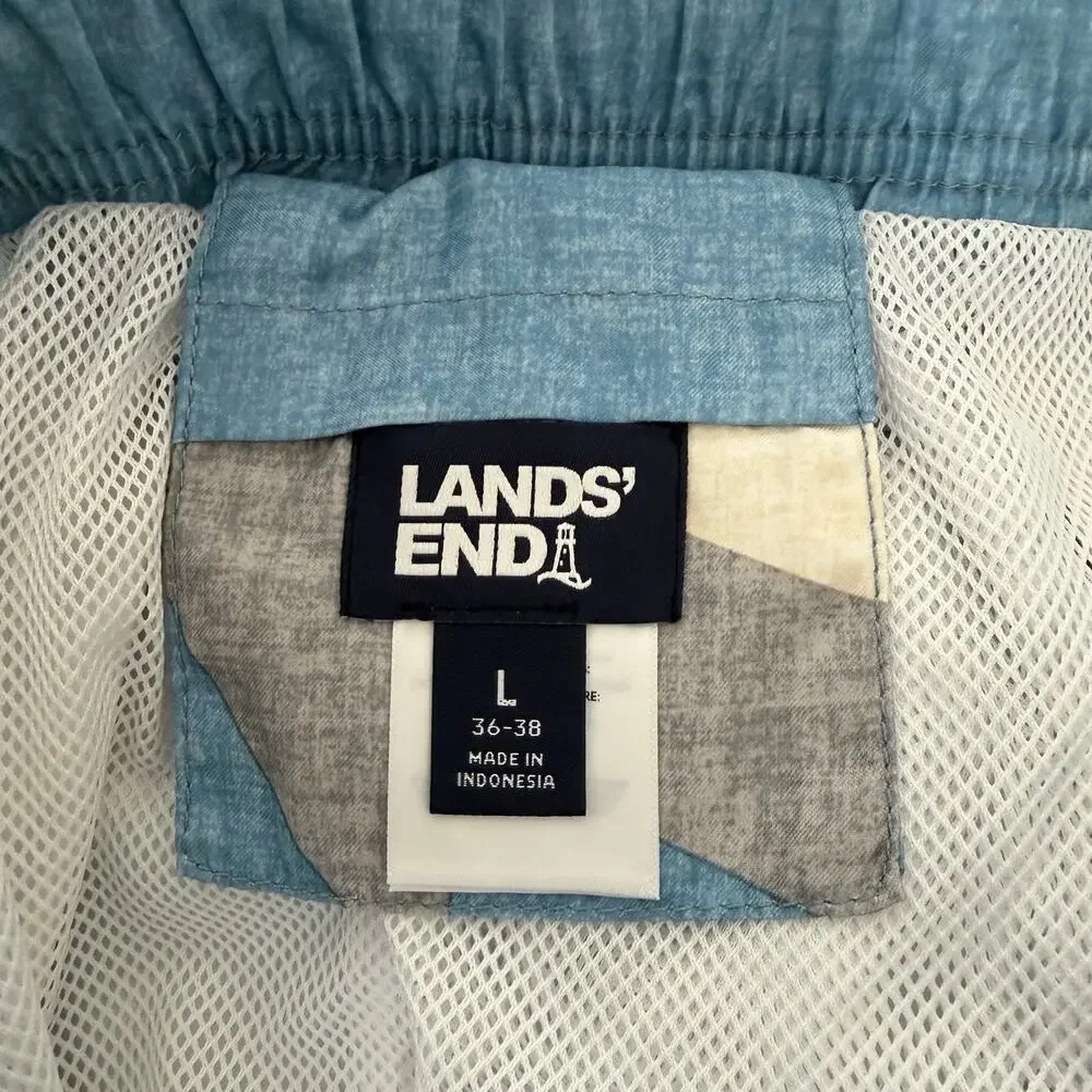 Lands’ End 6” Volley Swim Trunks blue gray white shark print